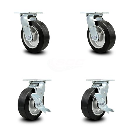 Service Caster 6 Inch Rubber on Aluminum Swivel Caster Set with Roller Bearing 2 Brake SCC SCC-30CS620-RAR-2-TLB-2